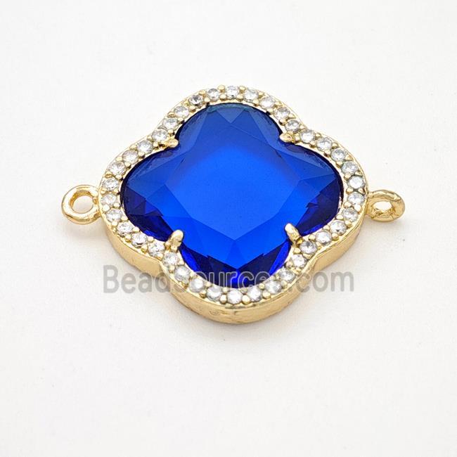 Blue Crystal Glass Copper Clover Connector Pave Zirconia Gold Plated