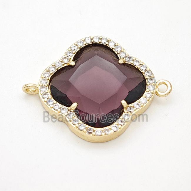 Purple Crystal Glass Copper Clover Connector Pave Zirconia Gold Plated