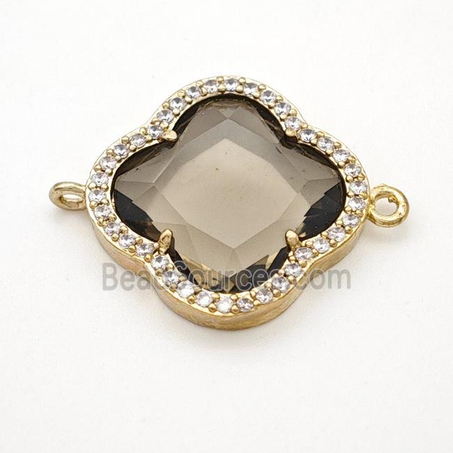 Smoky Crystal Glass Copper Clover Connector Pave Zirconia Gold Plated