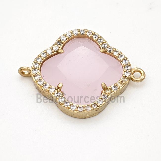 Pink Jadeite Glass Copper Clover Connector Pave Zirconia Gold Plated