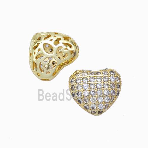 Copper Heart Beads Micropave Zirconia Hollow Gold Plated