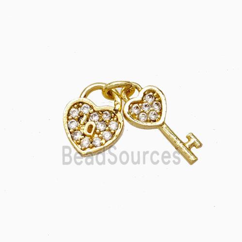 Copper Heart Lock And Key Pendant Micropave Zirconia Gold Plated