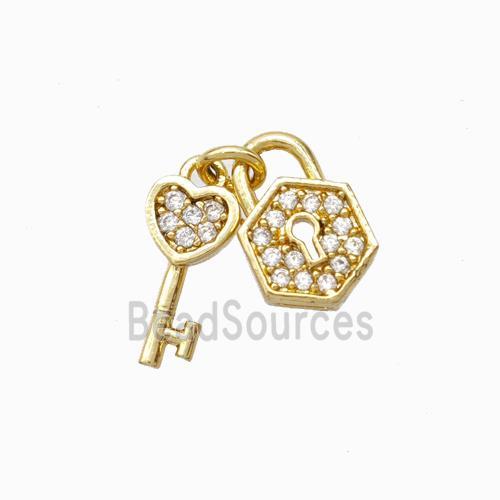 Copper Lock And Key Pendant Micropave Zirconia Gold Plated