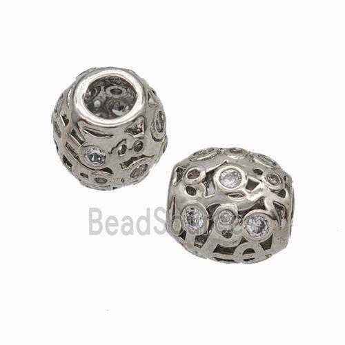 Copper Barrel Beads Micropave Zirconia Large Hole Platinum Plated