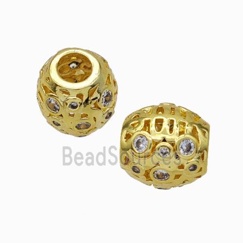 Copper Barrel Beads Micropave Zirconia Large Hole Gold Plated