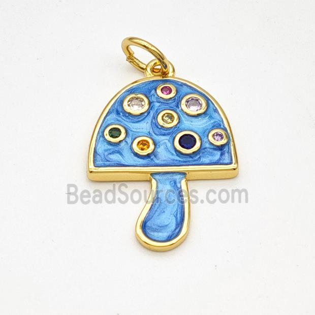 Copper Mushroom Pendant Pave Zirconia Blue Painted Gold Plated