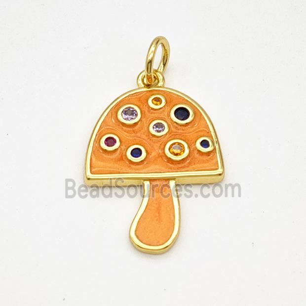 Copper Mushroom Pendant Pave Zirconia Orange Painted Gold Plated