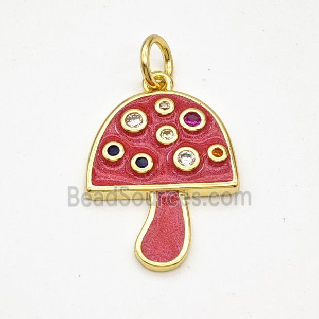 Copper Mushroom Pendant Pave Zirconia Red Painted Gold Plated