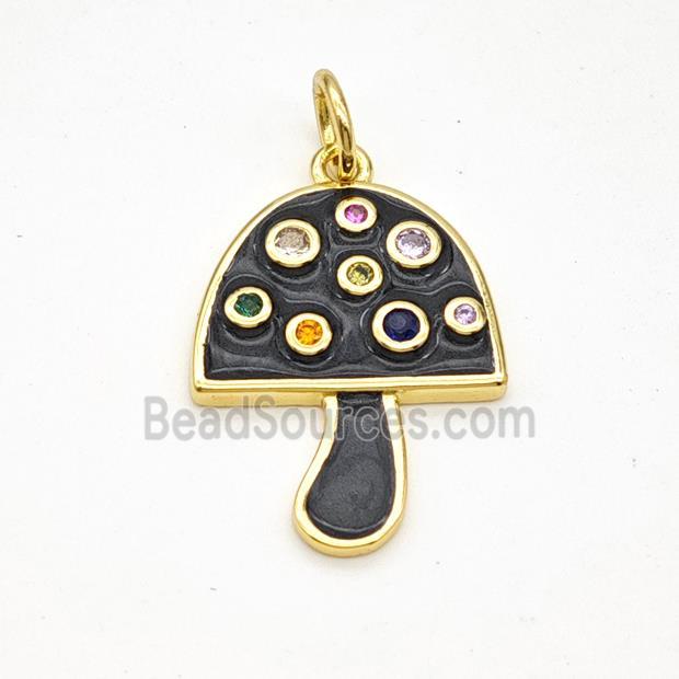 Copper Mushroom Pendant Pave Zirconia Black Painted Gold Plated