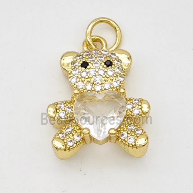 Copper Bear Pendant Micropave Zirconia Clear Crystal Glass Gold Plated