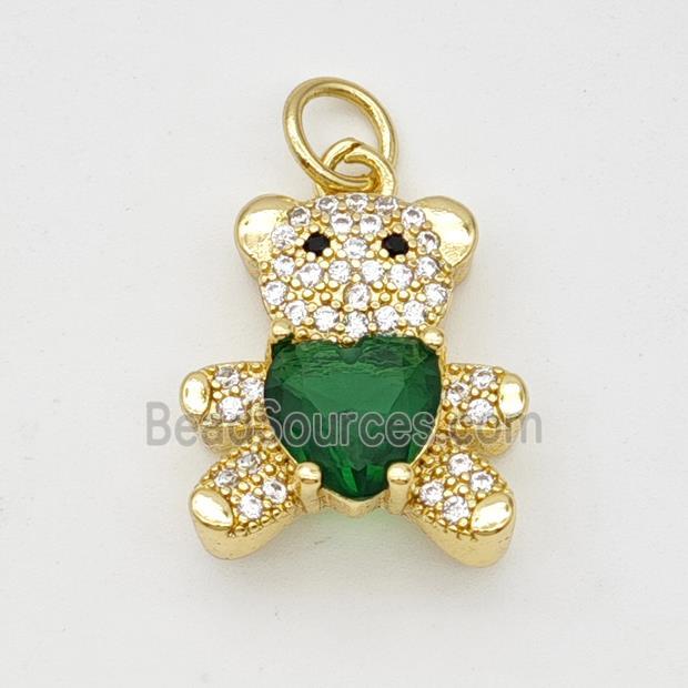 Copper Bear Pendant Micropave Zirconia Green Crystal Glass Gold Plated