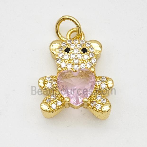 Copper Bear Pendant Micropave Zirconia Pink Crystal Glass Gold Plated