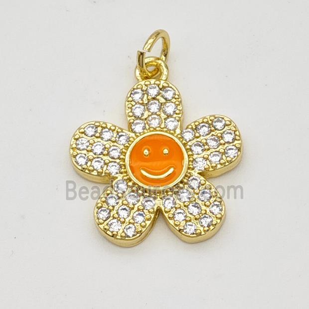 Copper Sunflower Pendant Pave Zircoina Orange Enamel Smileface Gold Plated