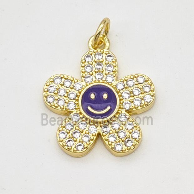 Copper Sunflower Pendant Pave Zircoina Purple Enamel Smileface Gold Plated