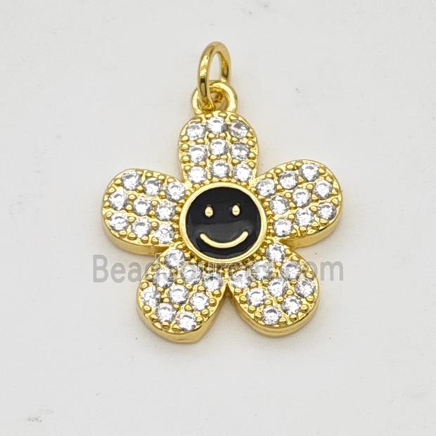 Copper Sunflower Pendant Pave Zirconia Black Enamel Smileface Gold Plated