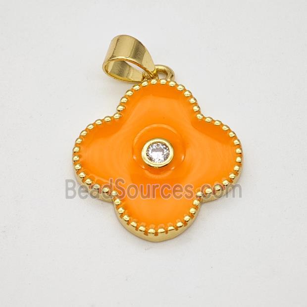 Copper Clover Pendant Orange Enamel Gold Plated