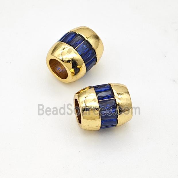 Copper Barrel Beads Micropave Blue Zirconia Large Hole Gold Plated