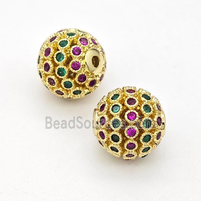 Copper Round Beads Micropave Multicolor Zirconia Hollow Gold Plated