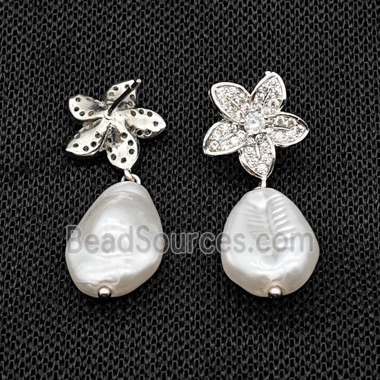 Copper Flower Stud Earrings With Pearlized Resin Platinum Plated