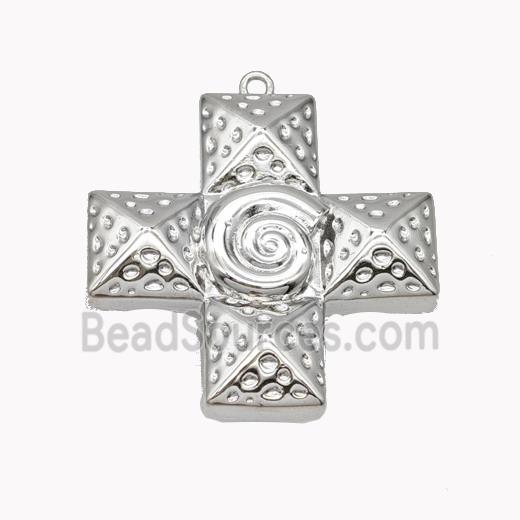 Copper Cross Pendant Hammered Spiral Shell Platinum Plated