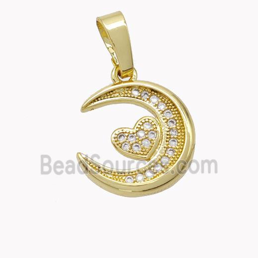 Copper Moon Pendant Micropave Zirconia Heart Gold Plated