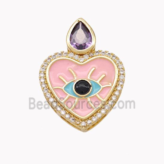 Copper Heart Pendant Pave Zirconia Pink Enamel Gold Plated