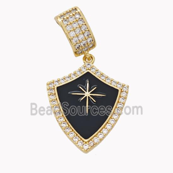 Copper Shield Pendant Pave Zirconia Black Enamel Star Gold Plated