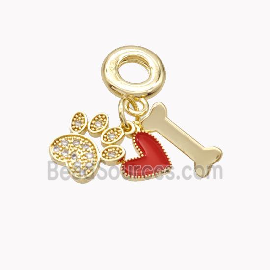 Copper Paws Heart Dogbone Pendant Pave Zirconia Red Enamel Gold Plated