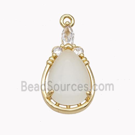 Copper Teardrop Pendant Pave White Cateye Glass Gold Plated