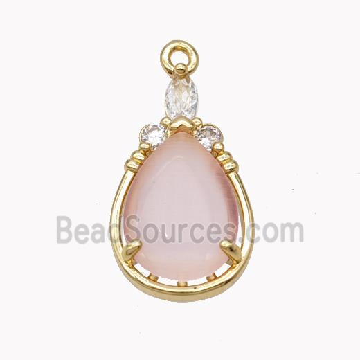 Copper Teardrop Pendant Pave Pink Cateye Glass Gold Plated