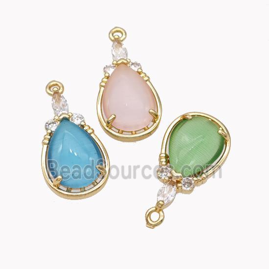 Copper Teardrop Pendant Pave Cateye Glass Gold Plated Mixed