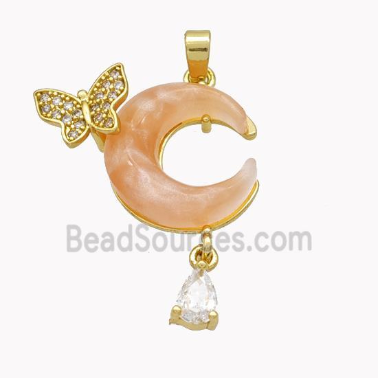 Copper Moon Pendant Pave Pink Acrylic Butterfly Gold Plated