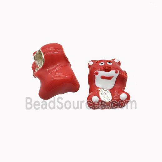 Copper Bear Beads Red Enamel Large Hole Platinum Plated