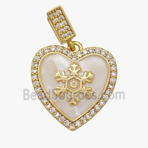 Copper Heart Pendant Pave Zirconia White Enamel Snowflake Gold Plated