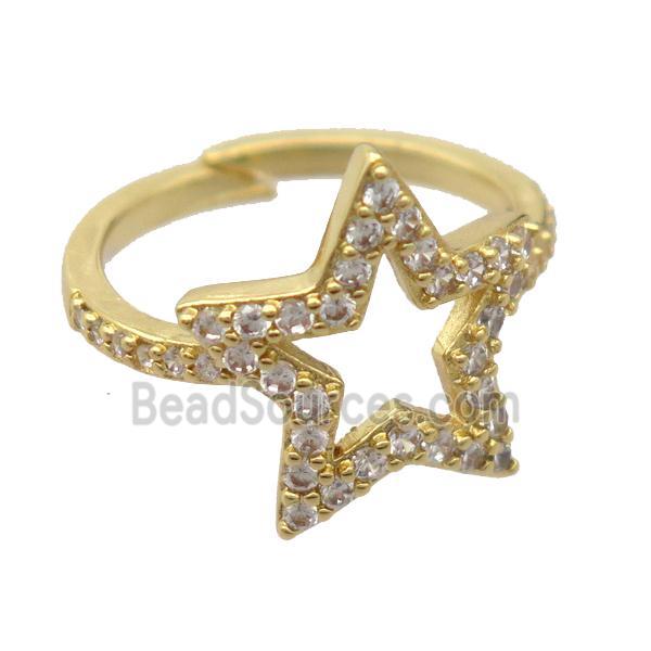 copper Rings pave zircon, resizable, star, gold plated