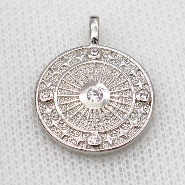 copper circle pendant pave zircon, platinum plated