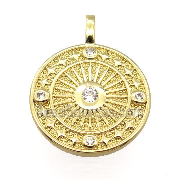 copper circle pendant pave zircon, gold plated