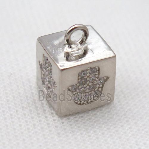 copper cube pendant pave zircon, hamsahand, platinum plated