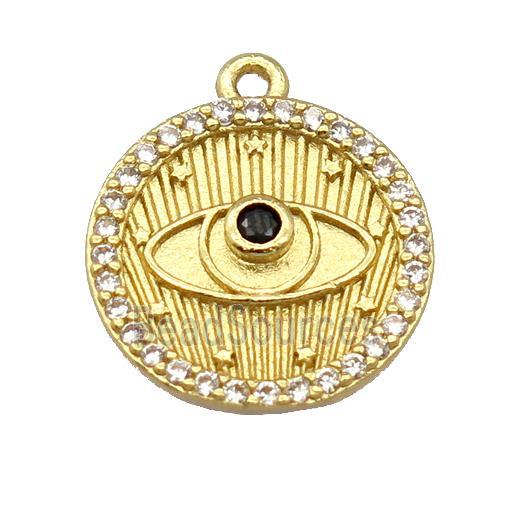 copper circle pendant pave zircon, eye, gold plated