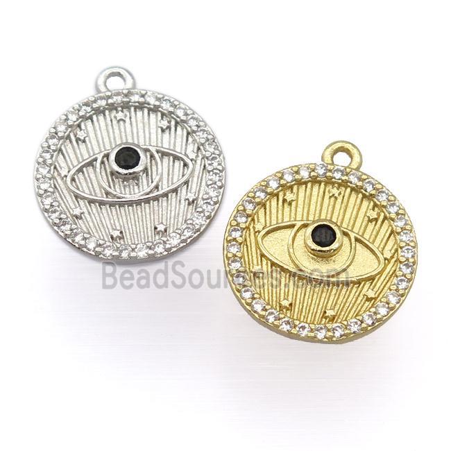 copper circle pendant pave zircon, eye, mixed