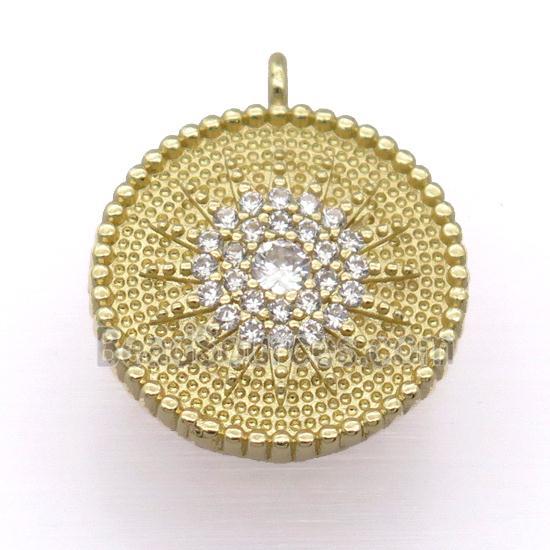 copper circle pendant pave zircon, gold plated