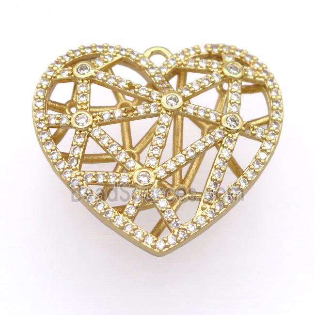 copper heart pendant pave zircon, hollow, gold plated