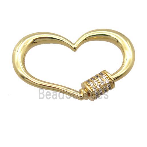 copper carabiner lock pendant pave zircon, heart, gold plated