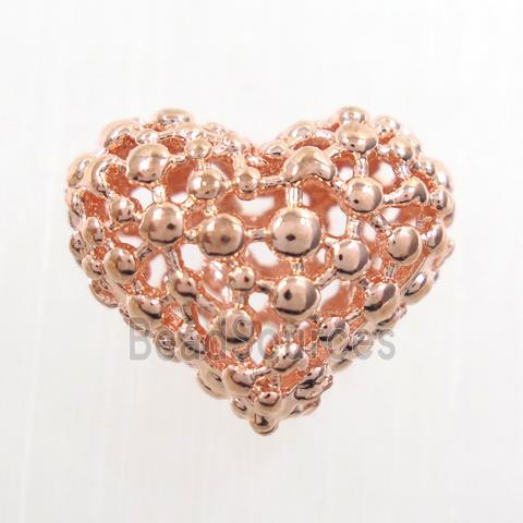 copper heart beads, hollow, rose gold