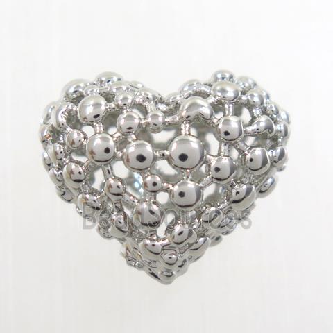 copper heart beads, hollow, platinum plated