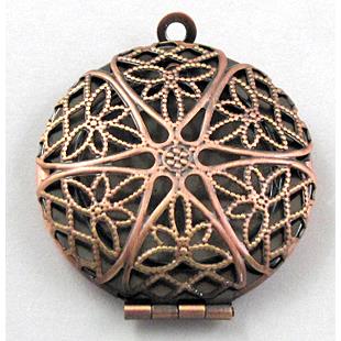 necklace Locket pendant, flat-round, copper, Red copper plated