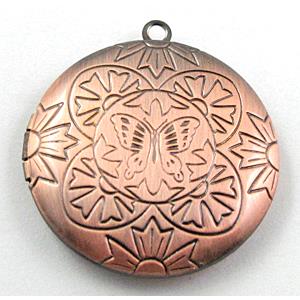 necklace Locket pendant, flat-round, copper, Red copper plated