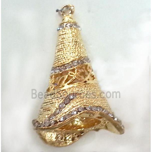 bell, copper pendant with rhinestone, gold plated