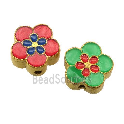 enamel alloy beads, flower, gold plated