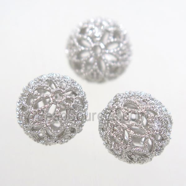 Hollow alloy bead pave Zircon, round, platinum plated